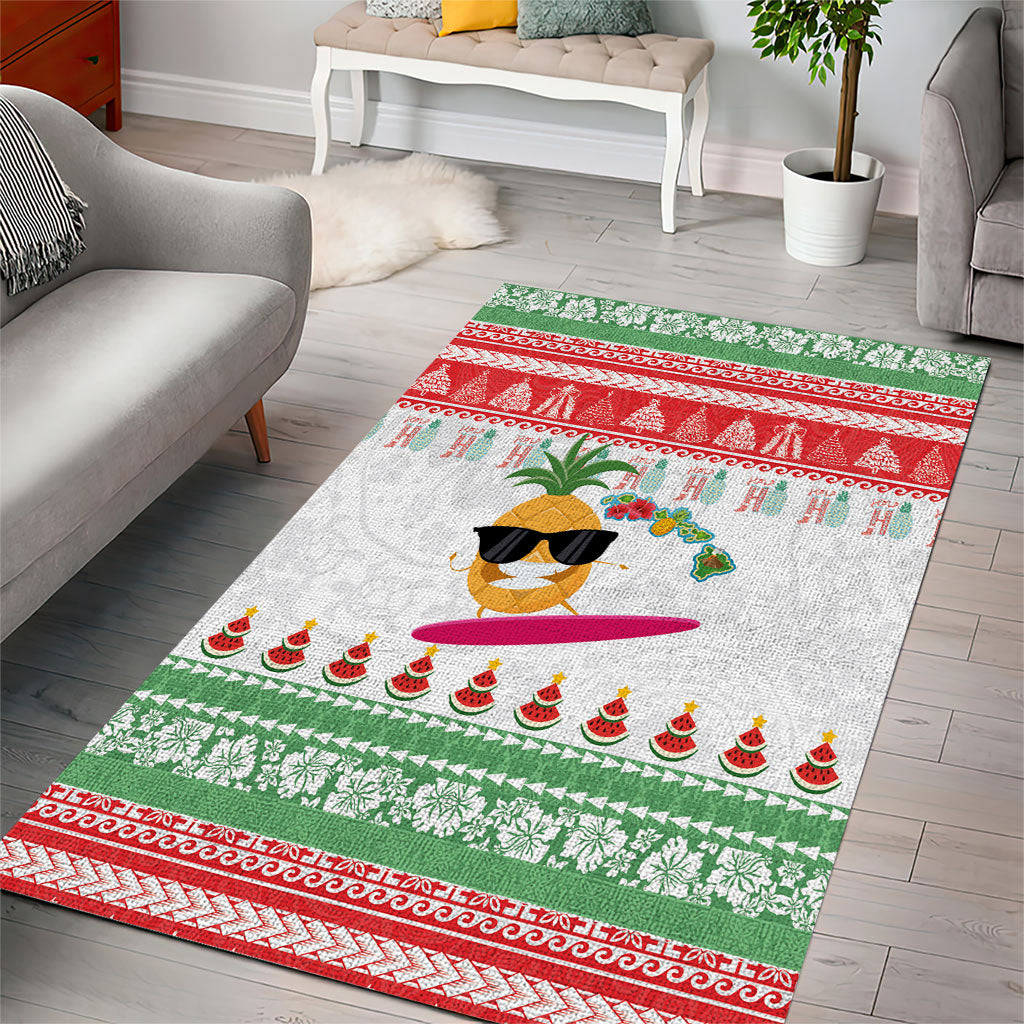 Hawaiian Mele Kalikimaka Area Rug Funny Pineapple Surfing with Map Christmas Stripe Elements