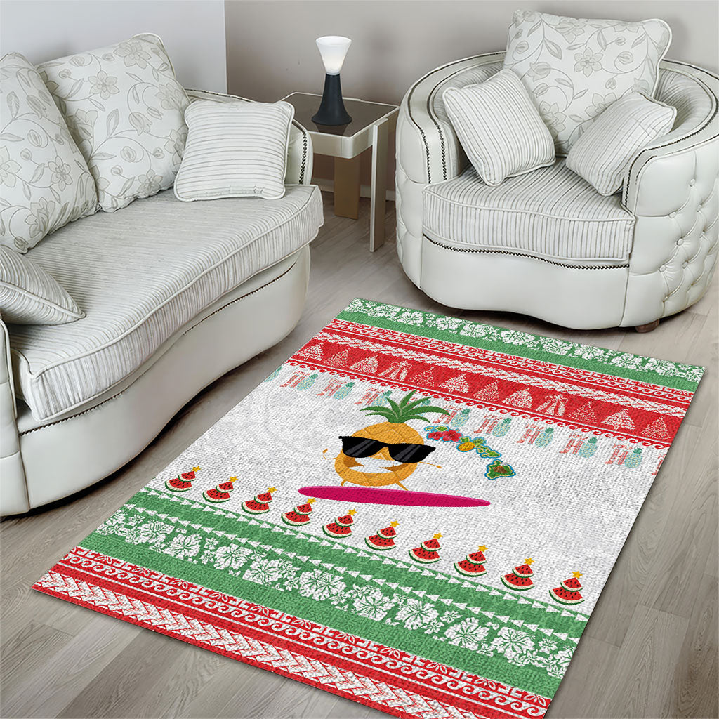 Hawaiian Mele Kalikimaka Area Rug Funny Pineapple Surfing with Map Christmas Stripe Elements