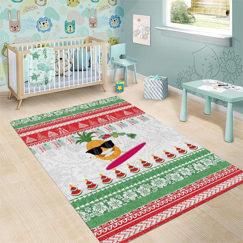 Hawaiian Mele Kalikimaka Area Rug Funny Pineapple Surfing with Map Christmas Stripe Elements