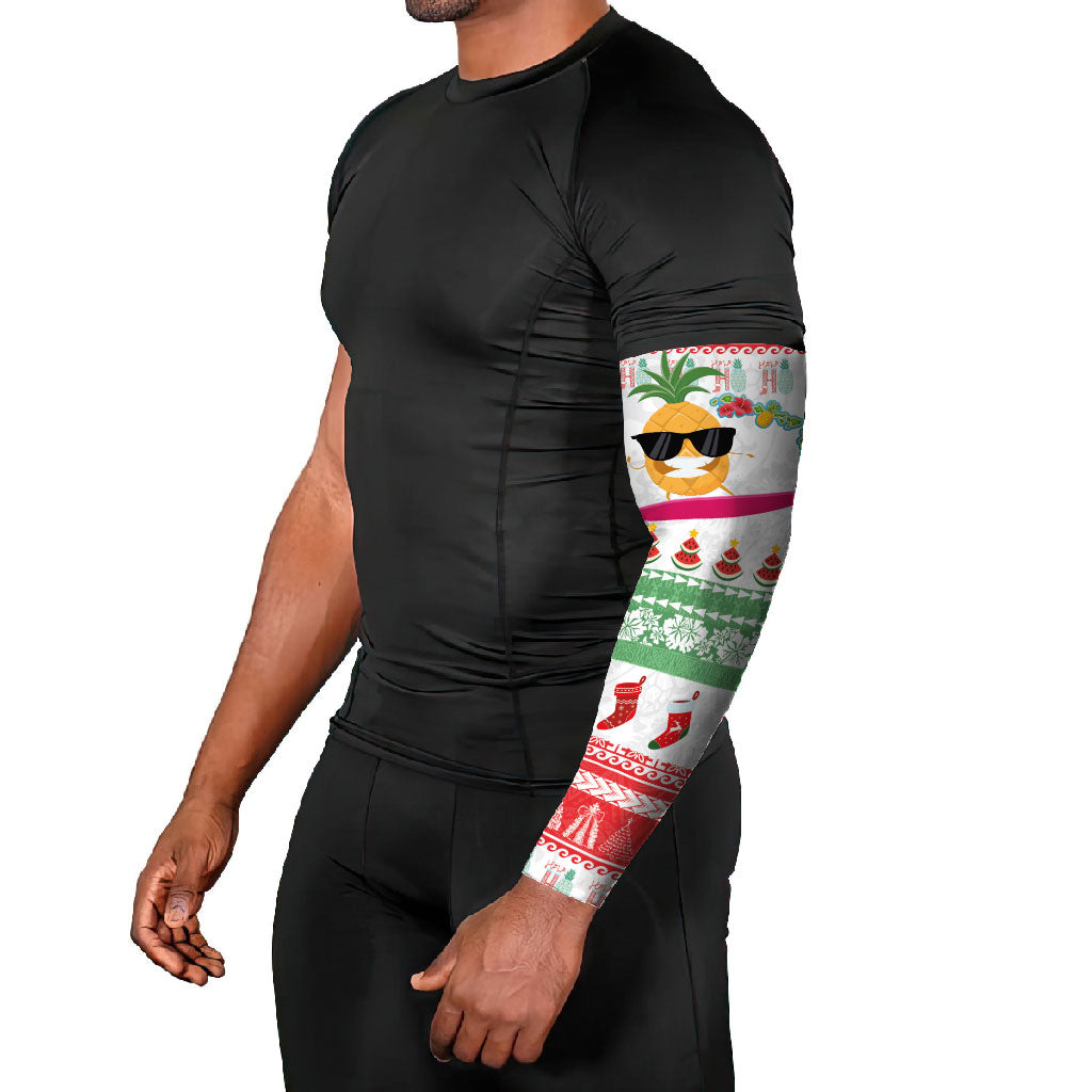 Hawaiian Mele Kalikimaka Arm Sleeves Funny Pineapple Surfing with Map Christmas Stripe Elements