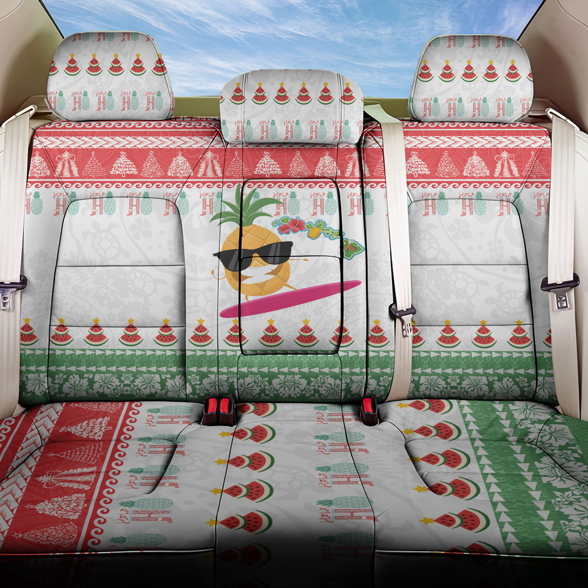 Hawaiian Mele Kalikimaka Back Car Seat Cover Funny Pineapple Surfing with Map Christmas Stripe Elements