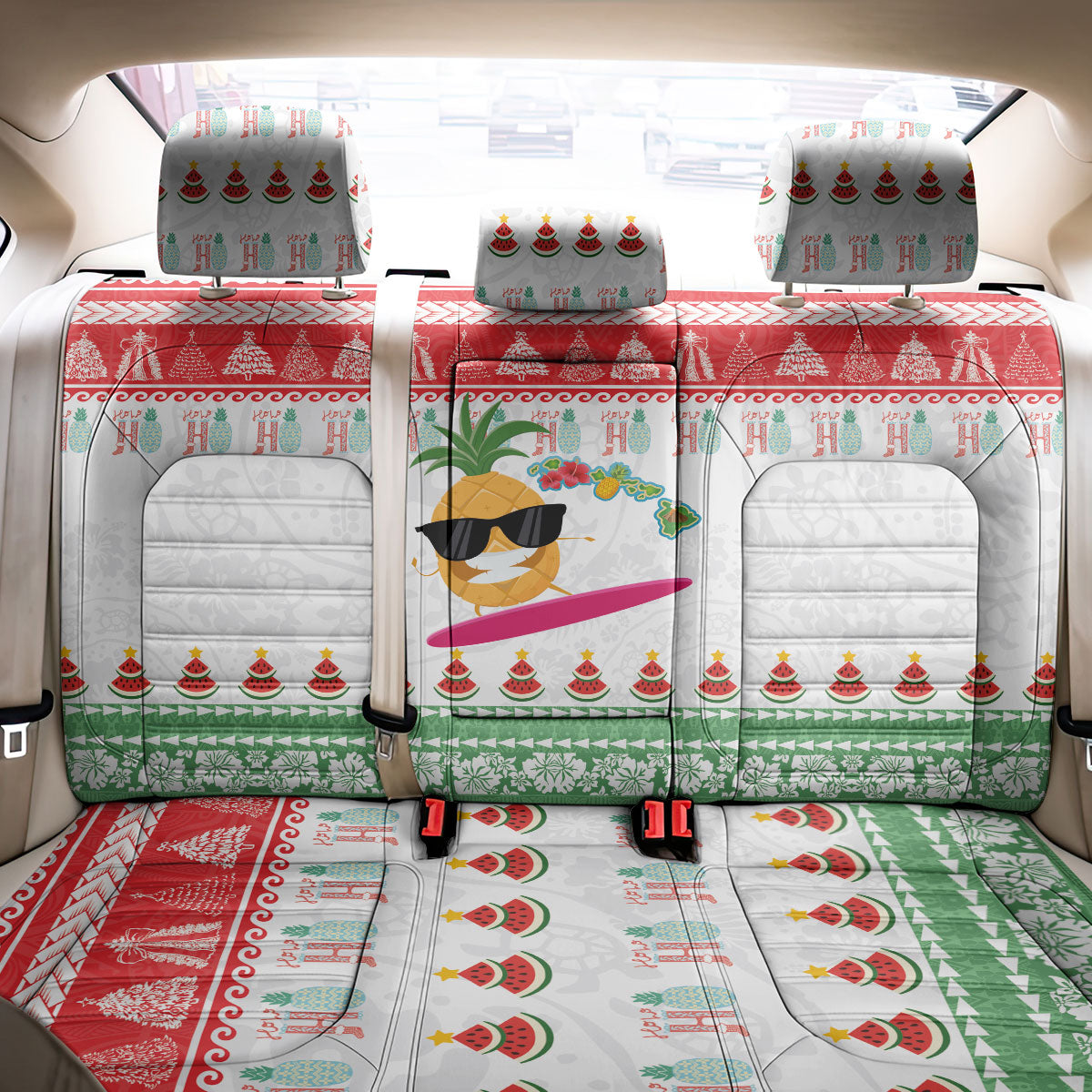 Hawaiian Mele Kalikimaka Back Car Seat Cover Funny Pineapple Surfing with Map Christmas Stripe Elements