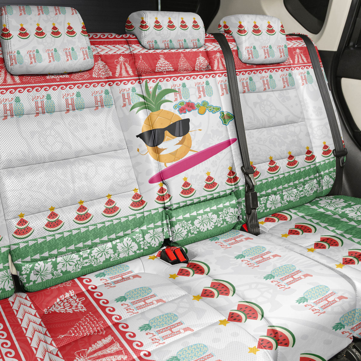 Hawaiian Mele Kalikimaka Back Car Seat Cover Funny Pineapple Surfing with Map Christmas Stripe Elements