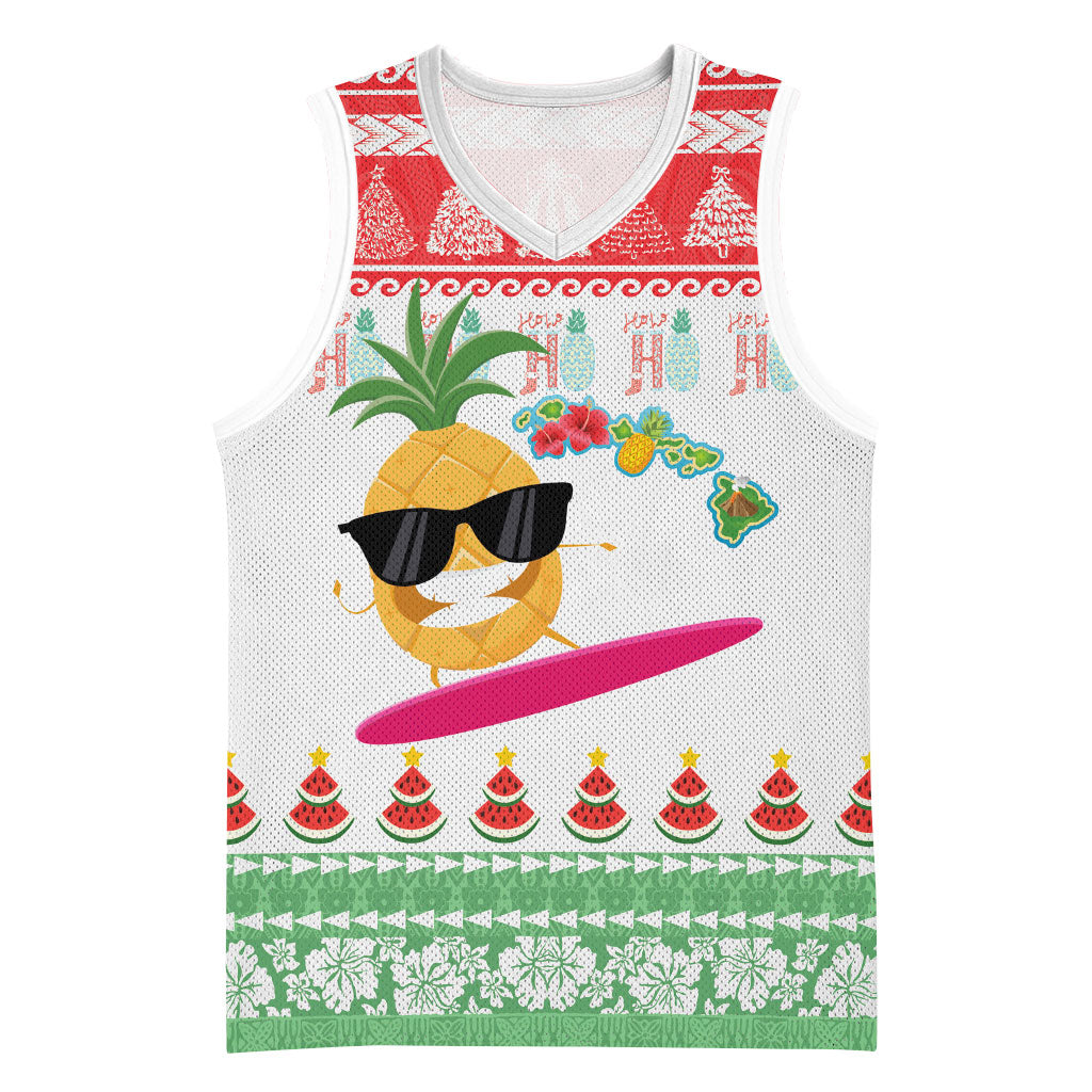 Hawaiian Mele Kalikimaka Basketball Jersey Funny Pineapple Surfing with Map Christmas Stripe Elements