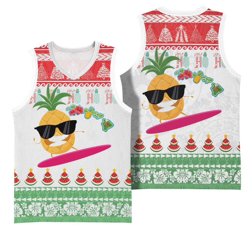 Hawaiian Mele Kalikimaka Basketball Jersey Funny Pineapple Surfing with Map Christmas Stripe Elements
