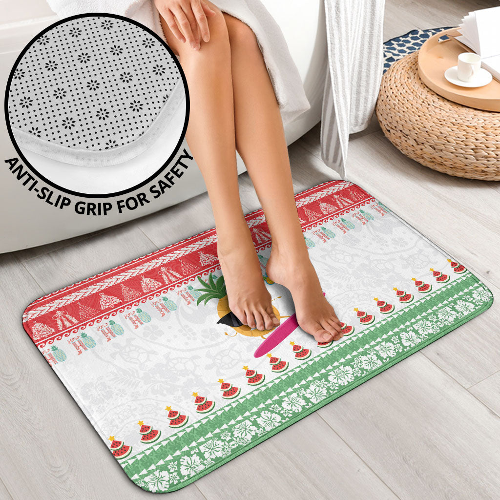 Hawaiian Mele Kalikimaka Bathroom Set Funny Pineapple Surfing with Map Christmas Stripe Elements