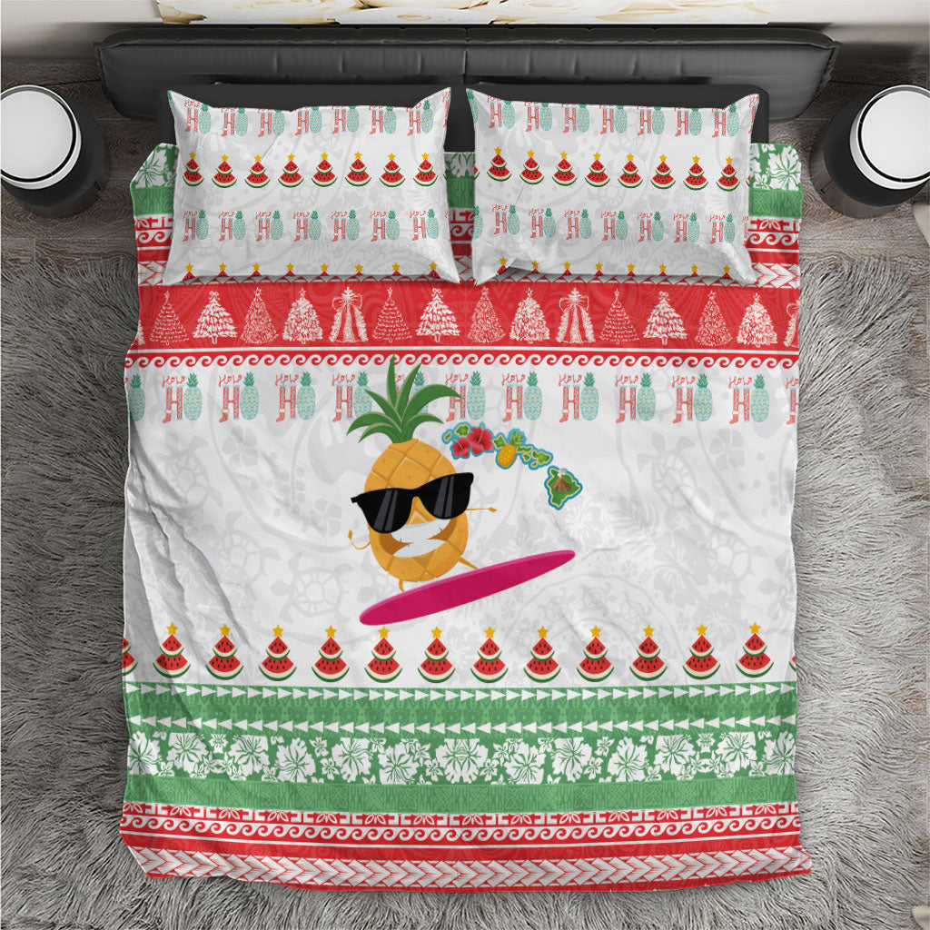 Hawaiian Mele Kalikimaka Bedding Set Funny Pineapple Surfing with Map Christmas Stripe Elements