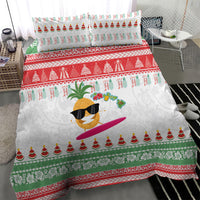 Hawaiian Mele Kalikimaka Bedding Set Funny Pineapple Surfing with Map Christmas Stripe Elements