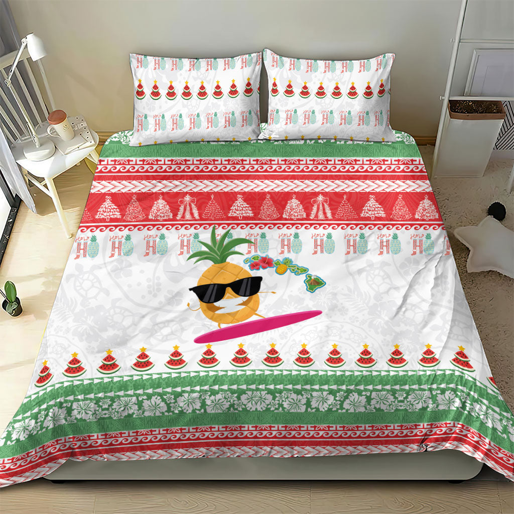 Hawaiian Mele Kalikimaka Bedding Set Funny Pineapple Surfing with Map Christmas Stripe Elements