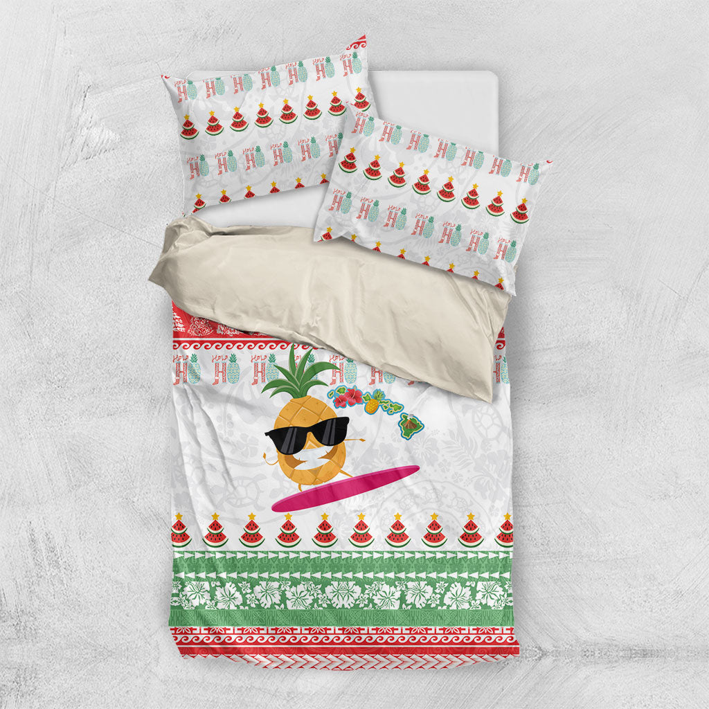 Hawaiian Mele Kalikimaka Bedding Set Funny Pineapple Surfing with Map Christmas Stripe Elements