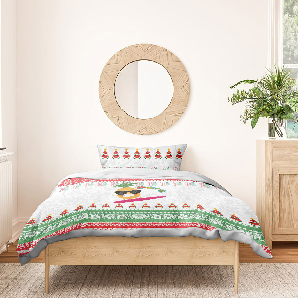 Hawaiian Mele Kalikimaka Bedding Set Funny Pineapple Surfing with Map Christmas Stripe Elements