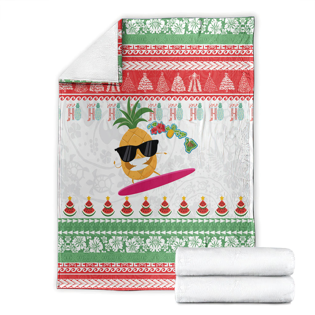 Hawaiian Mele Kalikimaka Blanket Funny Pineapple Surfing with Map Christmas Stripe Elements