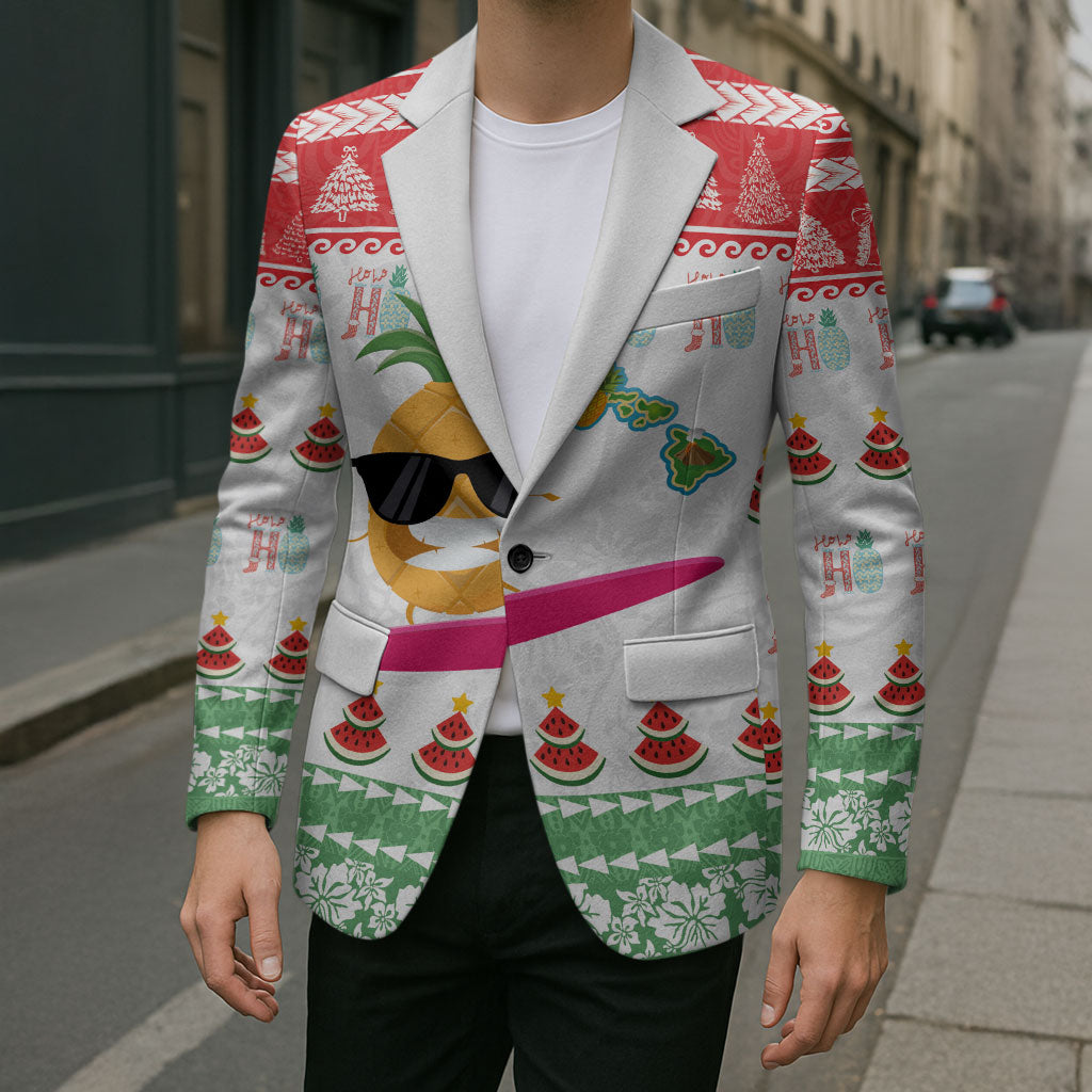 Hawaiian Mele Kalikimaka Blazer Funny Pineapple Surfing with Map Christmas Stripe Elements