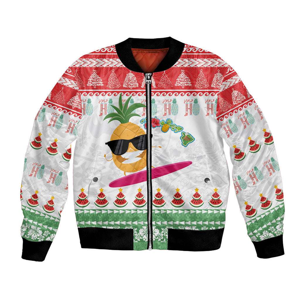 Hawaiian Mele Kalikimaka Bomber Jacket Funny Pineapple Surfing with Map Christmas Stripe Elements