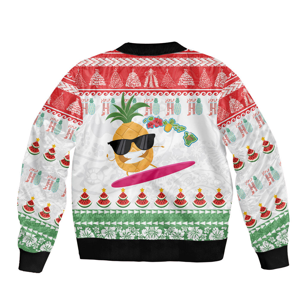 Hawaiian Mele Kalikimaka Bomber Jacket Funny Pineapple Surfing with Map Christmas Stripe Elements