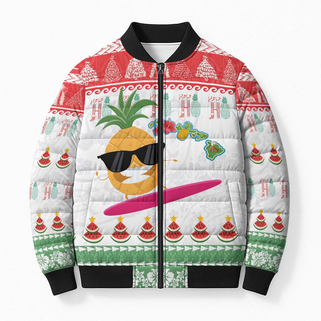 Hawaiian Mele Kalikimaka Bomber Puffer Jacket Funny Pineapple Surfing with Map Christmas Stripe Elements