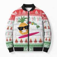 Hawaiian Mele Kalikimaka Bomber Puffer Jacket Funny Pineapple Surfing with Map Christmas Stripe Elements