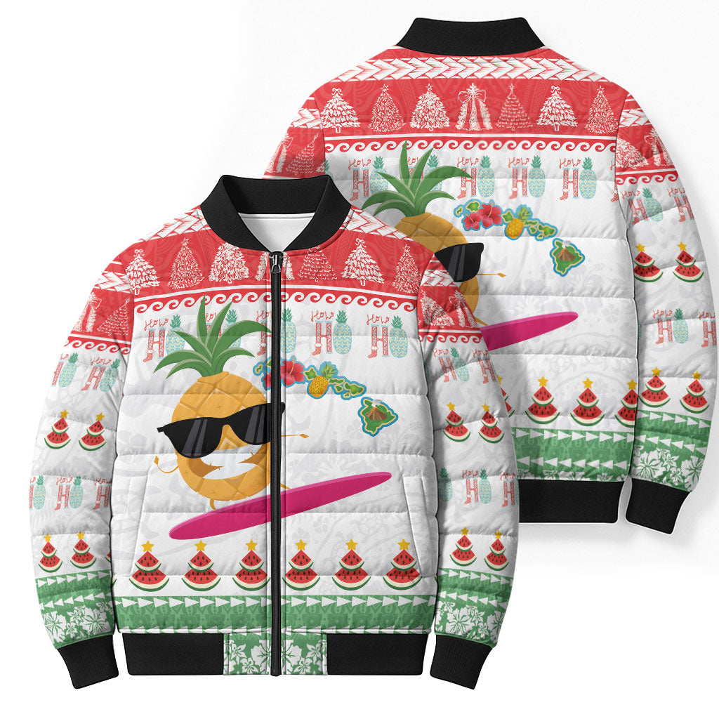 Hawaiian Mele Kalikimaka Bomber Puffer Jacket Funny Pineapple Surfing with Map Christmas Stripe Elements