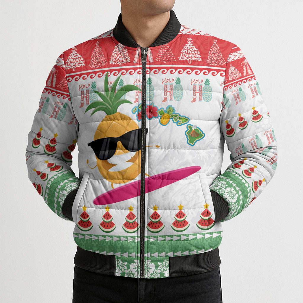 Hawaiian Mele Kalikimaka Bomber Puffer Jacket Funny Pineapple Surfing with Map Christmas Stripe Elements