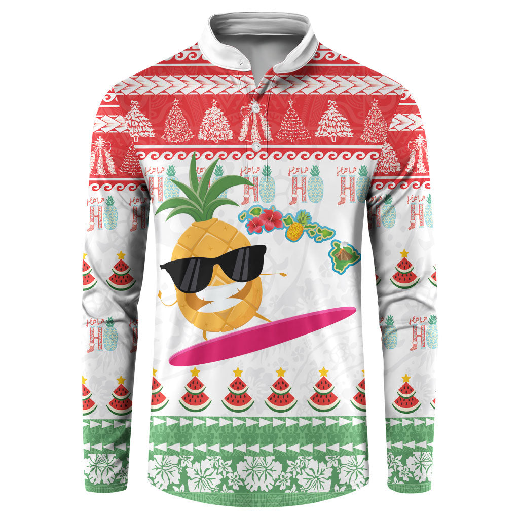 Hawaiian Mele Kalikimaka Button Sweatshirt Funny Pineapple Surfing with Map Christmas Stripe Elements