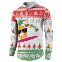 Hawaiian Mele Kalikimaka Button Sweatshirt Funny Pineapple Surfing with Map Christmas Stripe Elements