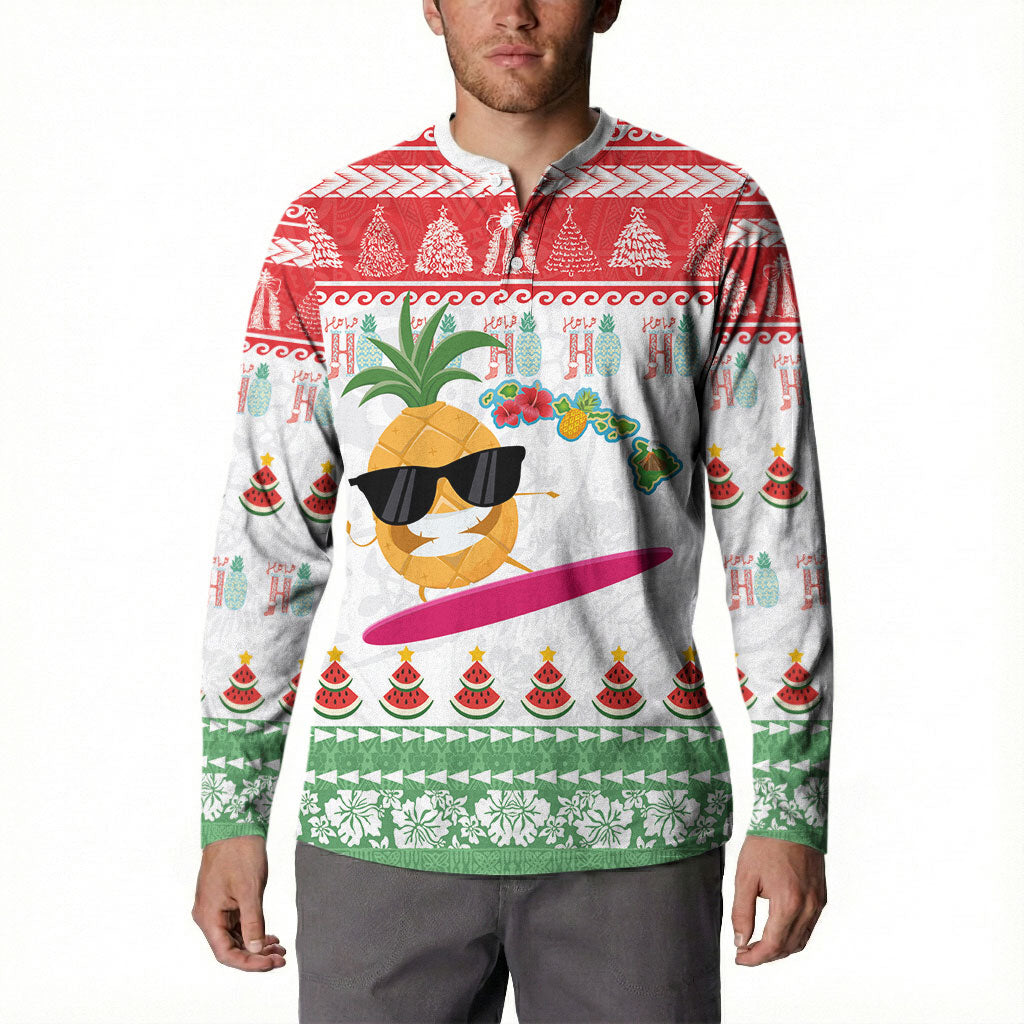 Hawaiian Mele Kalikimaka Button Sweatshirt Funny Pineapple Surfing with Map Christmas Stripe Elements