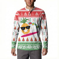 Hawaiian Mele Kalikimaka Button Sweatshirt Funny Pineapple Surfing with Map Christmas Stripe Elements
