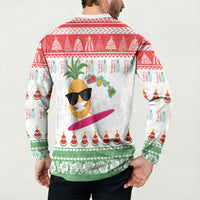 Hawaiian Mele Kalikimaka Button Sweatshirt Funny Pineapple Surfing with Map Christmas Stripe Elements