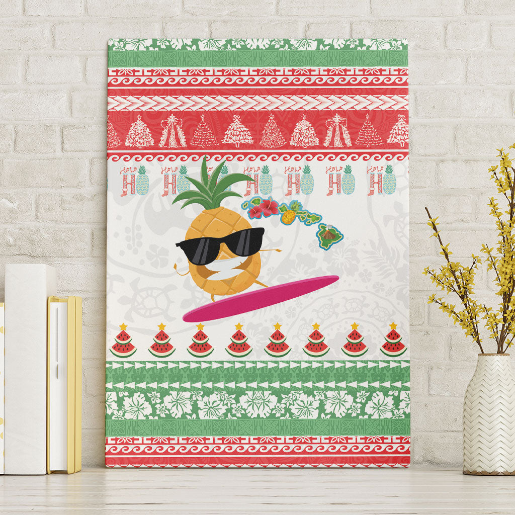 Hawaiian Mele Kalikimaka Canvas Wall Art Funny Pineapple Surfing with Map Christmas Stripe Elements