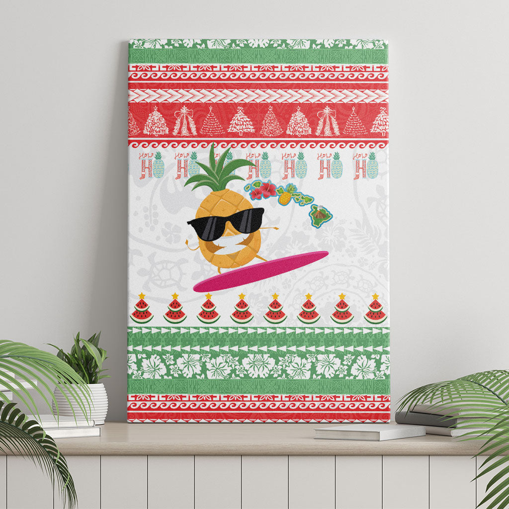 Hawaiian Mele Kalikimaka Canvas Wall Art Funny Pineapple Surfing with Map Christmas Stripe Elements