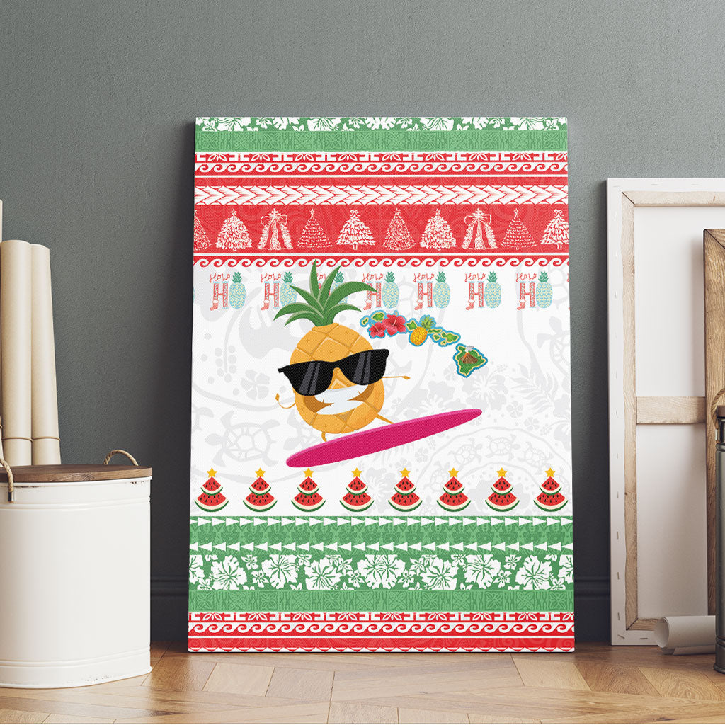 Hawaiian Mele Kalikimaka Canvas Wall Art Funny Pineapple Surfing with Map Christmas Stripe Elements