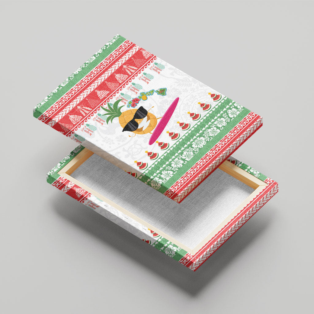 Hawaiian Mele Kalikimaka Canvas Wall Art Funny Pineapple Surfing with Map Christmas Stripe Elements