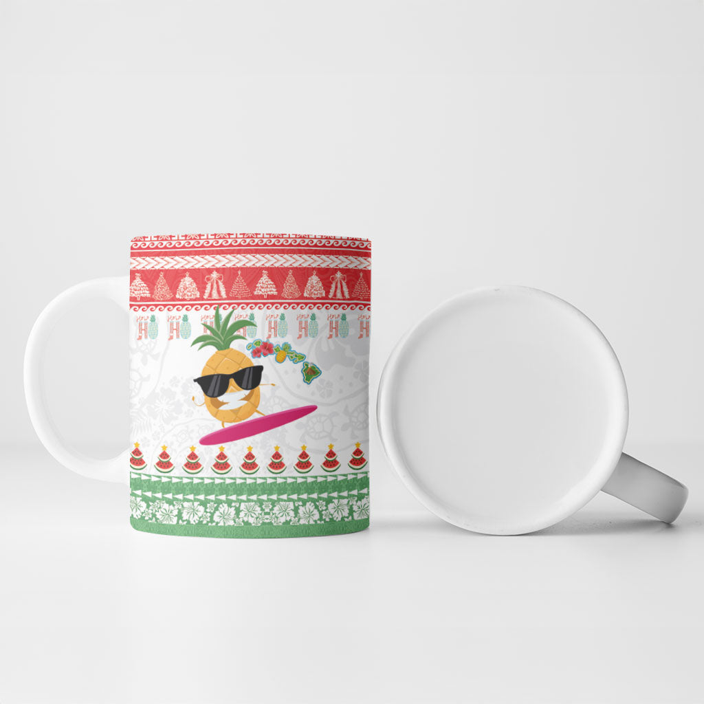 Hawaiian Mele Kalikimaka Ceramic Mug Funny Pineapple Surfing with Map Christmas Stripe Elements