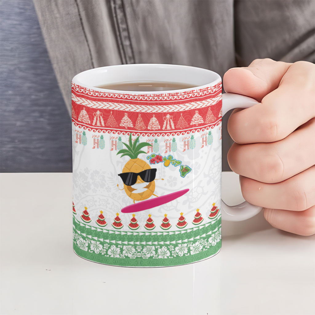 Hawaiian Mele Kalikimaka Ceramic Mug Funny Pineapple Surfing with Map Christmas Stripe Elements