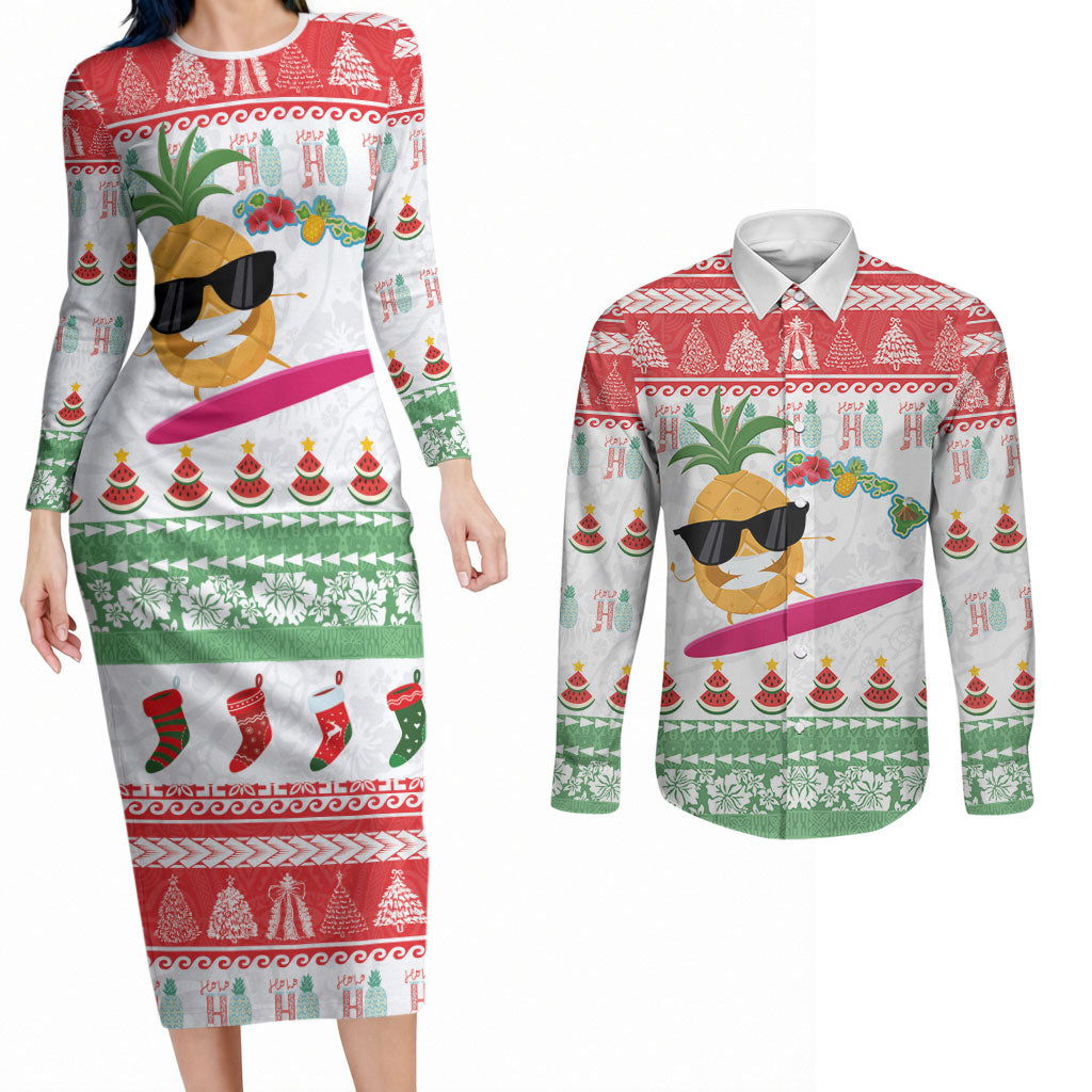 Hawaiian Mele Kalikimaka Couples Matching Long Sleeve Bodycon Dress and Long Sleeve Button Shirt Funny Pineapple Surfing with Map Christmas Stripe Elements