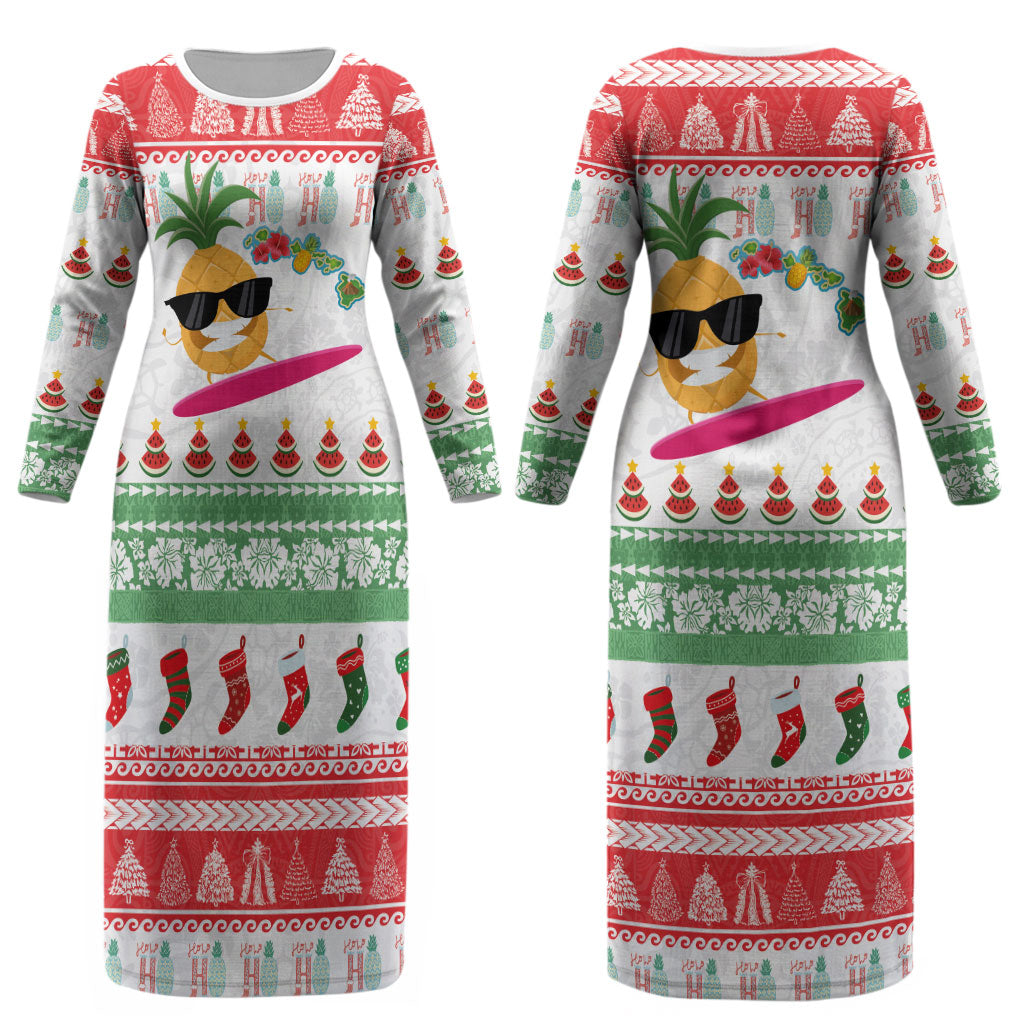 Hawaiian Mele Kalikimaka Couples Matching Long Sleeve Bodycon Dress and Long Sleeve Button Shirt Funny Pineapple Surfing with Map Christmas Stripe Elements