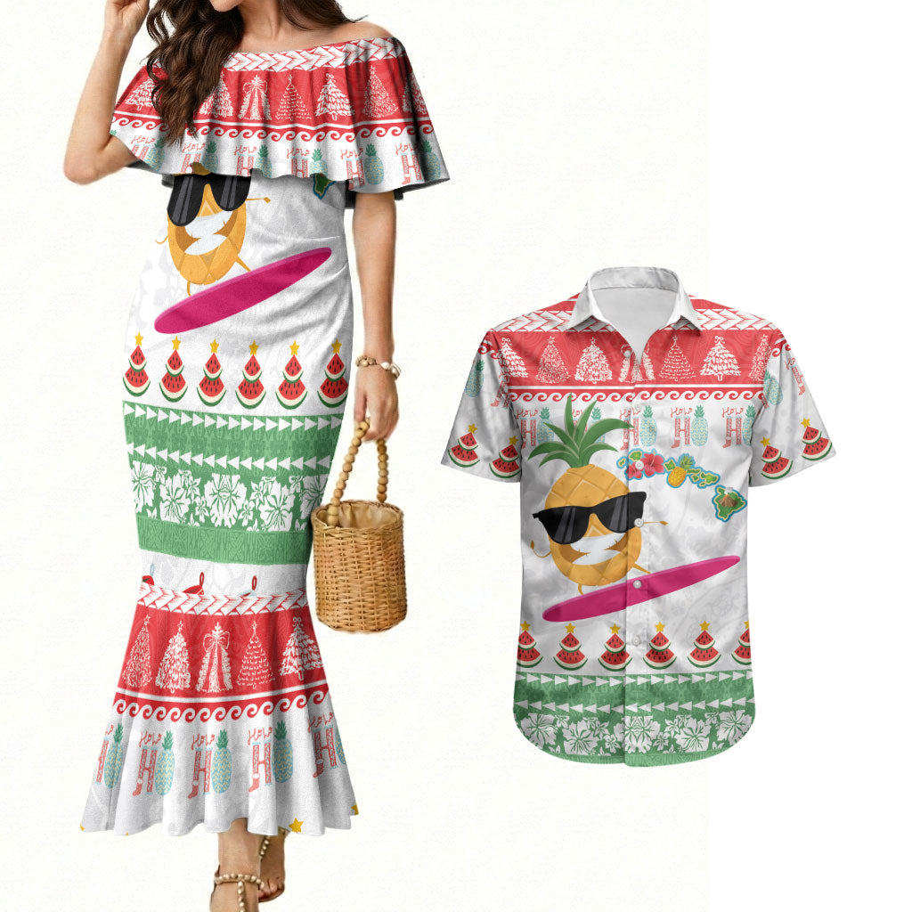 Hawaiian Mele Kalikimaka Couples Matching Mermaid Dress and Hawaiian Shirt Funny Pineapple Surfing with Map Christmas Stripe Elements