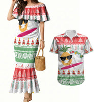 Hawaiian Mele Kalikimaka Couples Matching Mermaid Dress and Hawaiian Shirt Funny Pineapple Surfing with Map Christmas Stripe Elements