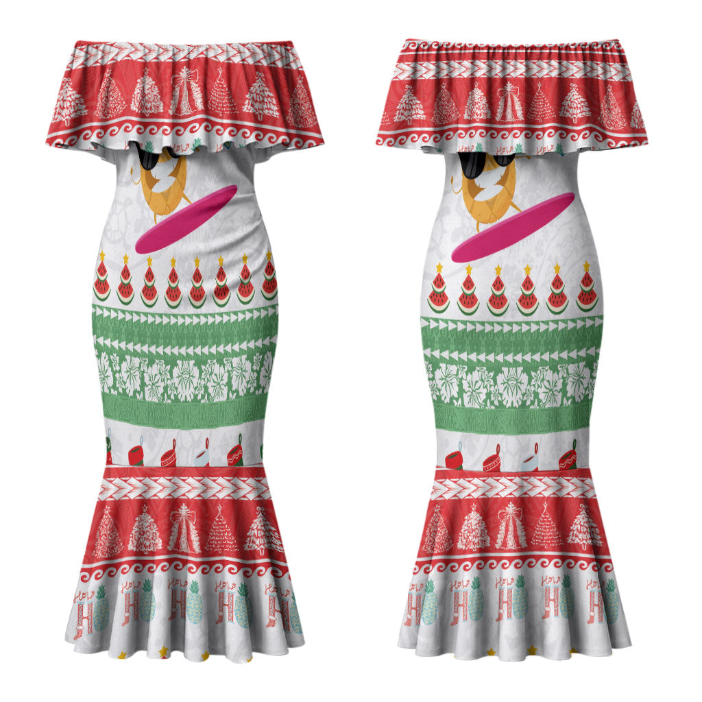 Hawaiian Mele Kalikimaka Couples Matching Mermaid Dress and Long Sleeve Button Shirt Funny Pineapple Surfing with Map Christmas Stripe Elements