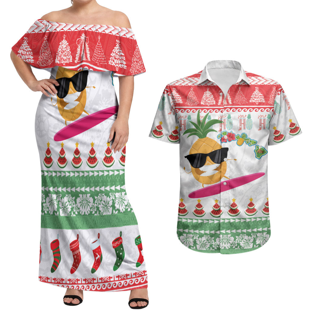Hawaiian Mele Kalikimaka Couples Matching Off Shoulder Maxi Dress and Hawaiian Shirt Funny Pineapple Surfing with Map Christmas Stripe Elements