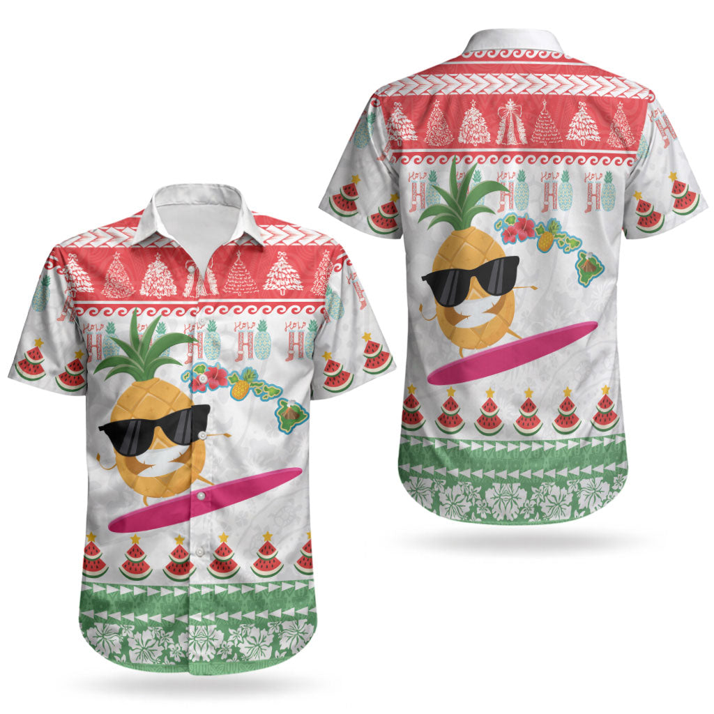 Hawaiian Mele Kalikimaka Couples Matching Off Shoulder Maxi Dress and Hawaiian Shirt Funny Pineapple Surfing with Map Christmas Stripe Elements