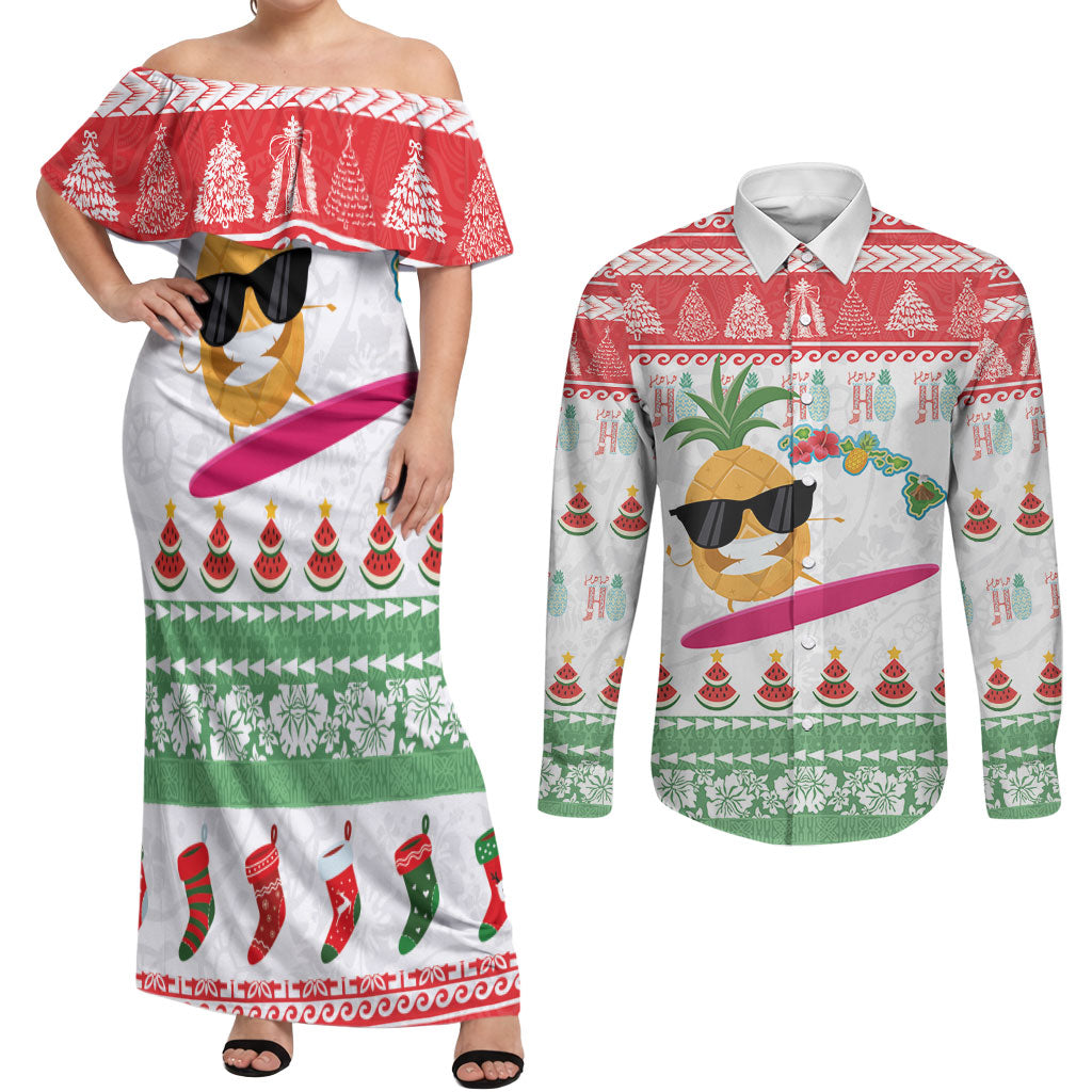 Hawaiian Mele Kalikimaka Couples Matching Off Shoulder Maxi Dress and Long Sleeve Button Shirt Funny Pineapple Surfing with Map Christmas Stripe Elements