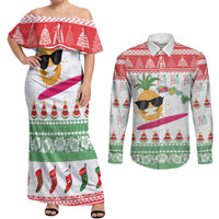 Hawaiian Mele Kalikimaka Couples Matching Off Shoulder Maxi Dress and Long Sleeve Button Shirt Funny Pineapple Surfing with Map Christmas Stripe Elements