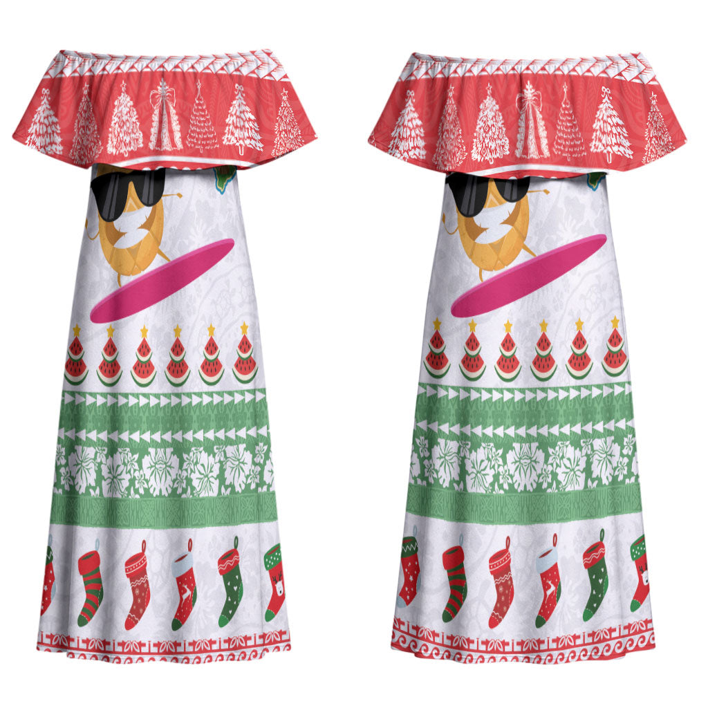 Hawaiian Mele Kalikimaka Couples Matching Off Shoulder Maxi Dress and Long Sleeve Button Shirt Funny Pineapple Surfing with Map Christmas Stripe Elements