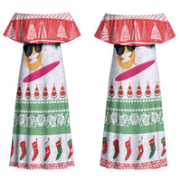 Hawaiian Mele Kalikimaka Couples Matching Off Shoulder Maxi Dress and Long Sleeve Button Shirt Funny Pineapple Surfing with Map Christmas Stripe Elements