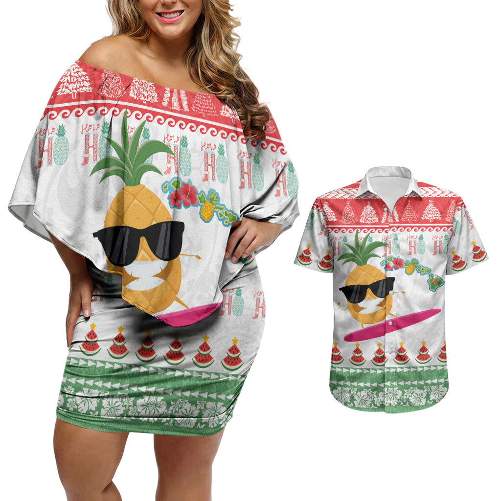 Hawaiian Mele Kalikimaka Couples Matching Off Shoulder Short Dress and Hawaiian Shirt Funny Pineapple Surfing with Map Christmas Stripe Elements