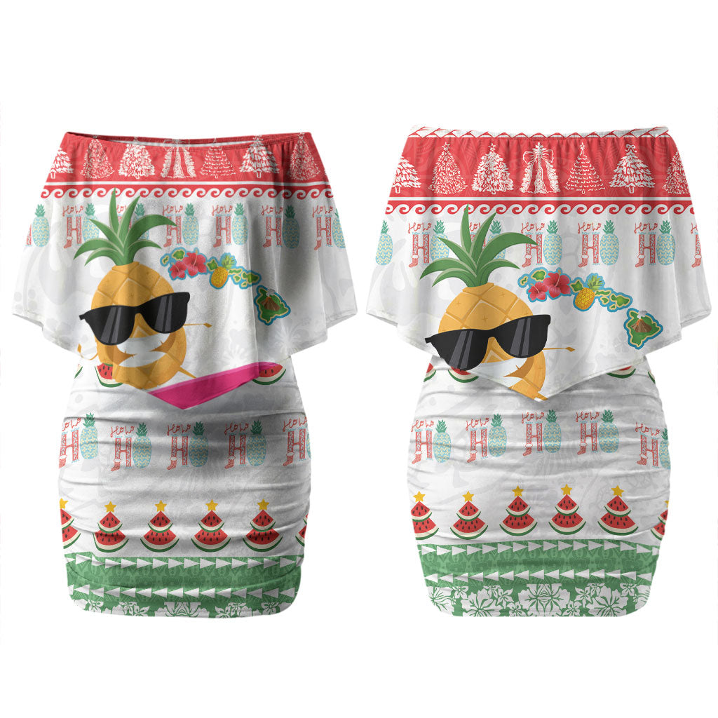Hawaiian Mele Kalikimaka Couples Matching Off Shoulder Short Dress and Hawaiian Shirt Funny Pineapple Surfing with Map Christmas Stripe Elements