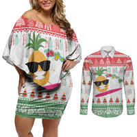 Hawaiian Mele Kalikimaka Couples Matching Off Shoulder Short Dress and Long Sleeve Button Shirt Funny Pineapple Surfing with Map Christmas Stripe Elements