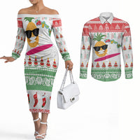 Hawaiian Mele Kalikimaka Couples Matching Off The Shoulder Long Sleeve Dress and Long Sleeve Button Shirt Funny Pineapple Surfing with Map Christmas Stripe Elements