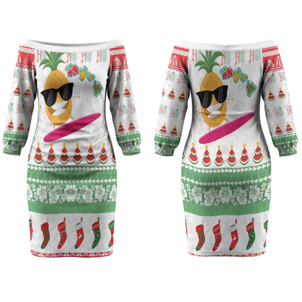 Hawaiian Mele Kalikimaka Couples Matching Off The Shoulder Long Sleeve Dress and Long Sleeve Button Shirt Funny Pineapple Surfing with Map Christmas Stripe Elements